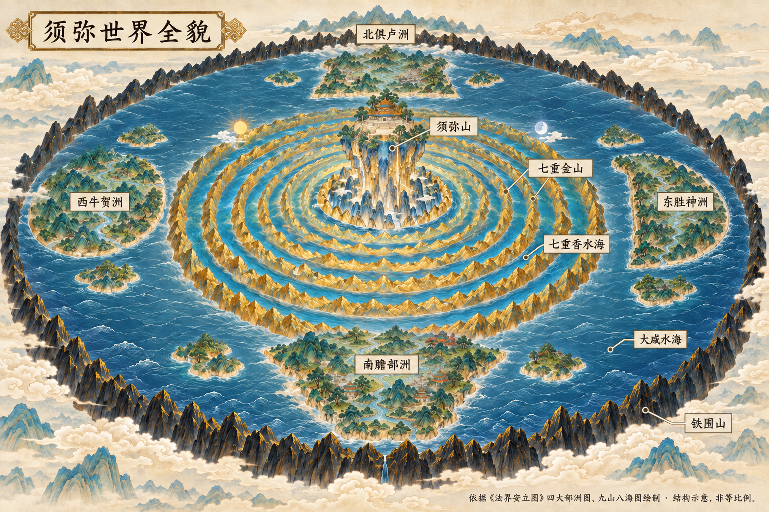须弥山居中，四大部洲与层层山海环绕